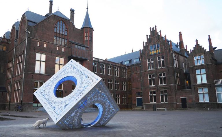 The new statue in front of the old buildings, where the new DUWO office is located.